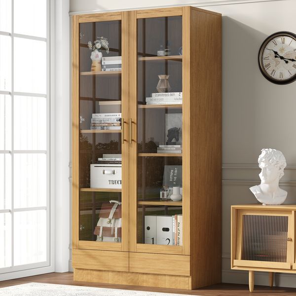Glasvitrine (Büroschrank/Bücherregal/Aktenschrank/Aufbewahrungsregal) – Versetzte, nicht verstellbare Fachböden, grifflose Push-To-Open-Schubladen, 80*40*160 cm, Holzfarbe