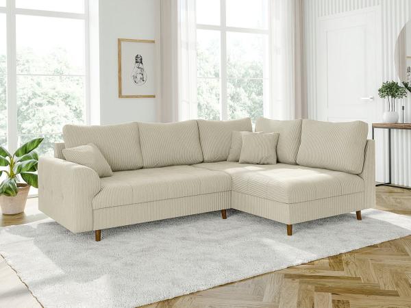 S-Style Möbel Ecksofa Zara mit Braun Holzfüßen im skandinavischen Stil aus Cord-Stoff, Ottomane links oder rechts bestellbar, mit Wellenfederung