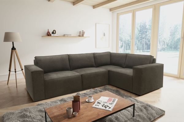 DOMO. collection Ecksofa 100017, Couch in L-Form mit Rückenkissen und Armlehnen, Sofa, Polsterecke, Eckcouch, Polsterganitur 217 x 197 x 84 cm (BxTxH), schlamm