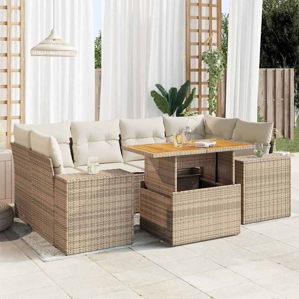 vidaXL 7-tlg. Garten-Sofagarnitur mit Kissen Beige Poly Rattan 3327341