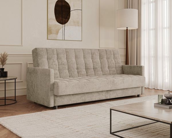 MOEBLO Schlafsofa TINA, 3-Sitzer Schlafsofa mit Bettkasten, Click-Clack-Funktion, Bonellfederung und Lincoln-Cordstoff, Couch Polstermöbel Sitzmöbel Wohnzimmermöbel Kippsofa Beige Taupe, (BxHxT): 211 x 90 x 97 cm