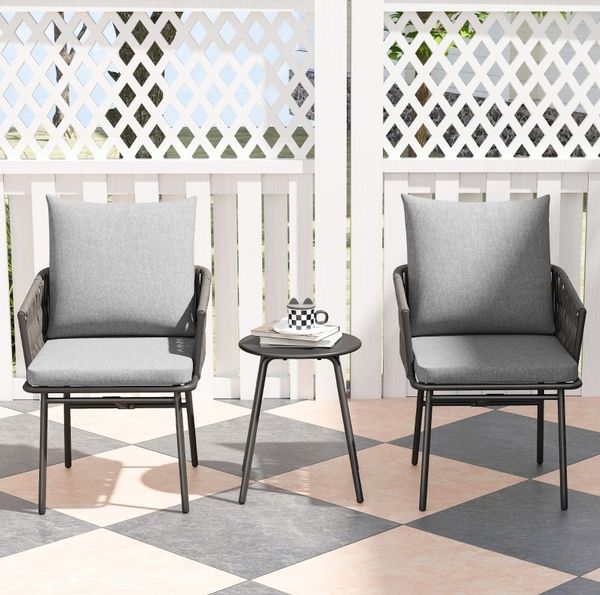 Bistro-Set H 49 x 40 x 40 cm aus Stahl und Kunst-Rattan in Grau mit 2 Stühlen