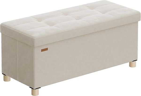 SONGMICS Sitzbank mit Stauraum, Hocker faltbar, 38 x 76 x 38,5 cm, Aufbewahrungsbox mit Deckel, Fußhocker 77 L, Samt, bis 300 kg belastbar, Flur Wohnzimmer Schlafzimmer, cappuccinobeige