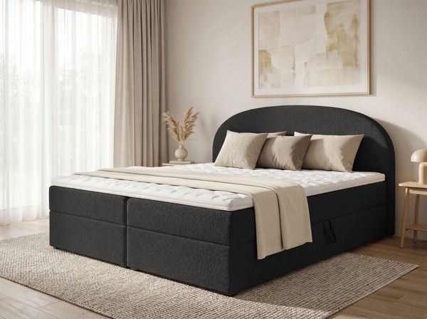Boxspringbett Cloud mit 2 Bettkästen, Doppelbett mit Bonell-Matratze und Topper, Polsterbett in weichem Bouclé-Stoff, Bett, Bettgestell für Schlafzimmer (Schwarz (Coral 60), 180 x 200 cm)