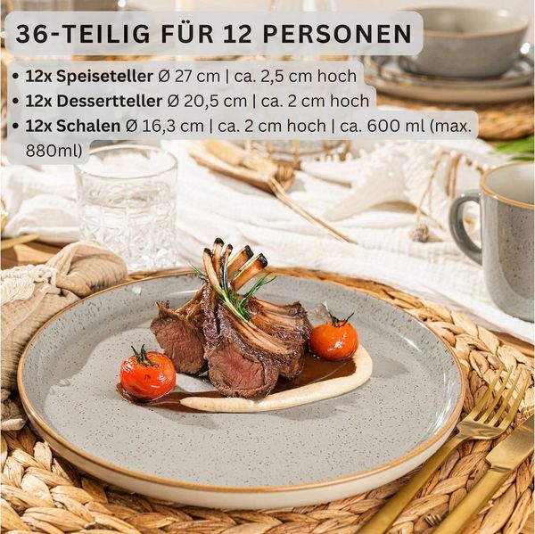 SÄNGER Tafelservice Rio Geschirrset (36-tlg), 12 Personen, Steingut, Handmade, Perlgrau, Erweiterbar, VALUE COLLECTION
