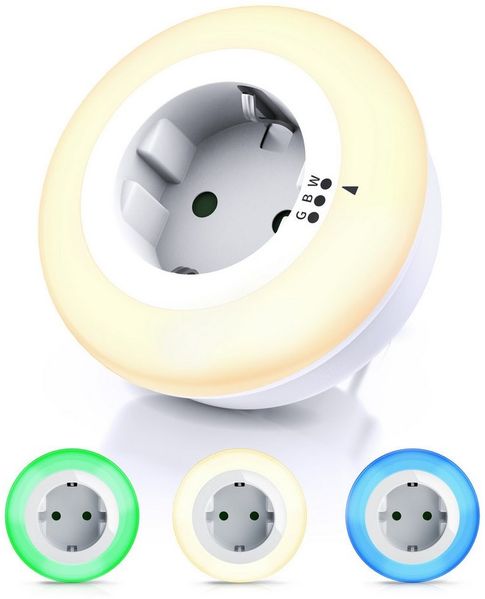 Brandson LED Nachtlicht Nacht & Orientierungslicht mit Steckdose, Helligkeits/Dämmerungssensor, Automatische Ein-/Ausschaltung, Farbwechsel, Nachtlichtfunktion, LED fest integriert, Warmweiß, Grün, Blau, Nachtlampe mit Zwischenstecker & auswählbaren Fa...