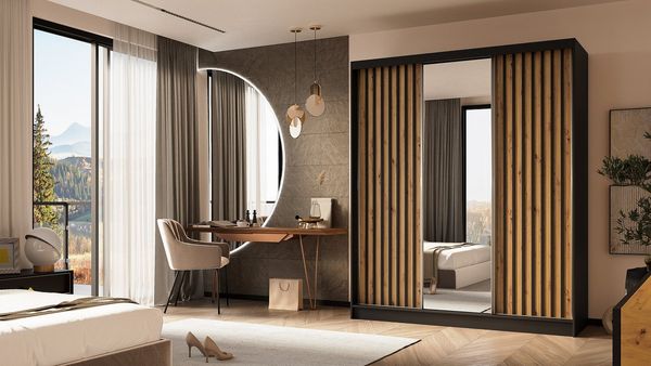 ALTDECOR Schiebetürenschrank LAMELO (Kleiderschrank Garderobenschrank mit viel Stauraum Moderner Schrank) Spiegel Spiegeltüren Lamellen Schwebetürenschrank LED Beleuchtung