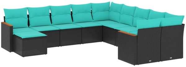 vidaXL 11-teiliges Gartensofa-Set mit Kissen, schwarzes Polyrattan 3226568