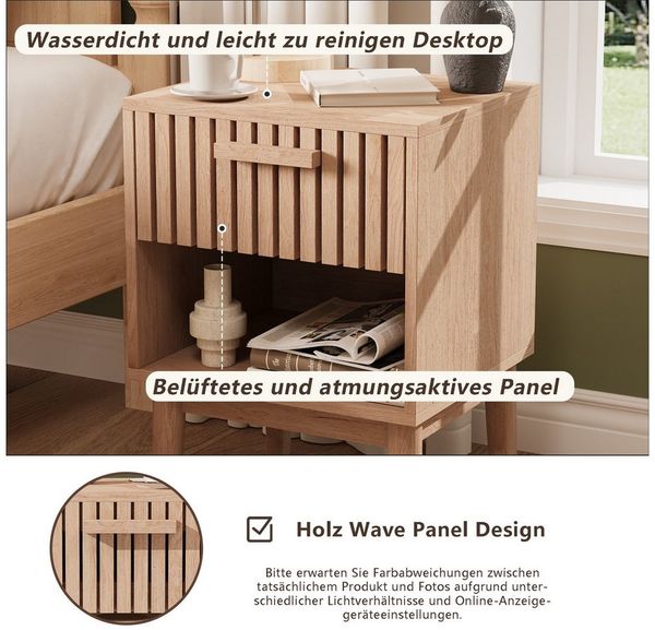ADWOLT Nachttisch 2er Set Nachtschrank aus Holz, Nachtkommode mit Schubladen,Beistelltisch,Natur, 40 x 35 x 55 cm Bild 2