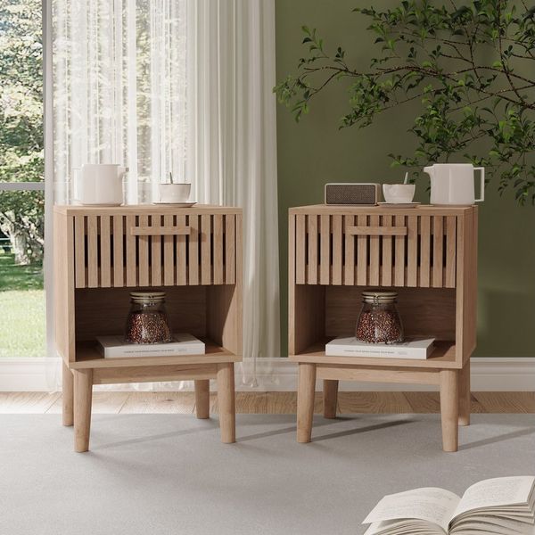 ADWOLT Nachttisch 2er Set Nachtschrank aus Holz, Nachtkommode mit Schubladen,Beistelltisch,Natur, 40 x 35 x 55 cm