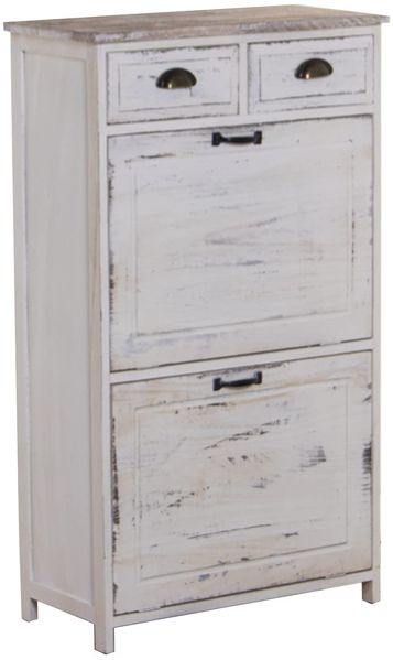 DRW Schuhschrank mit 2 Türen und 2 Schubladen aus Paulownia-Holz, antikweiß, 60 x 30 x 107 cm