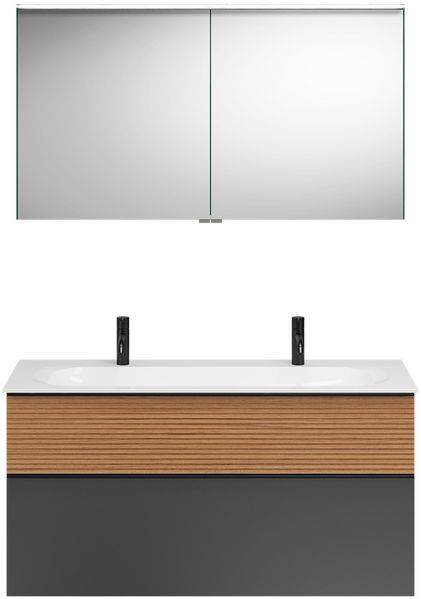 Burgbad FIUMO Waschtisch Set mit Spiegelschrank 122 cm breit, Braun/Anthrazit, Doppelwaschbecken Gussmarmor Weiß