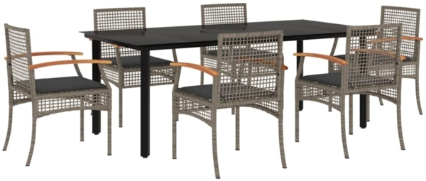 vidaXL 7-tlg. Garten-Essgruppe mit Kissen Grau Poly Rattan 3213622