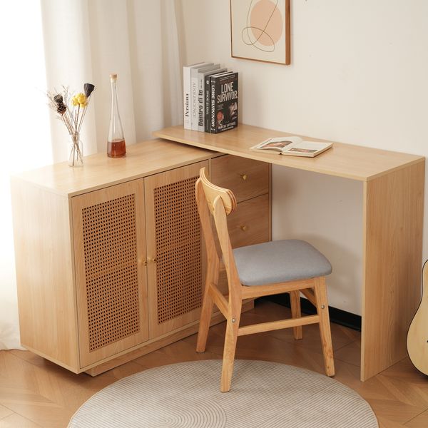 Flieks Drehschreibtisch, L-förmiger Eckschreibtisch mit 360° Schwenkfunktion, 2 Rattantüren, 3 Schubladen, 126x120x75cm, Naturholzfarbe
