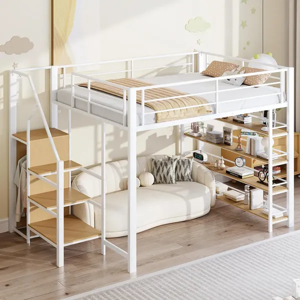 Hochbett mit Rausfallschutz, Treppe, Kleiderschrank und Regal, 140x200 cm, Metallbett