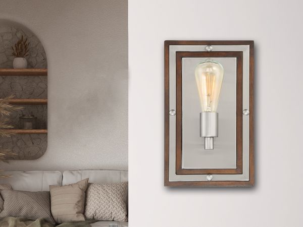Rustikale LED Wandleuchte aus Holz und Metall, Höhe 32cm
