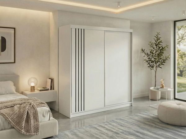 Schwebetürenschrank NAURU mit Lamellen-Optik, moderner Kleiderschrank, Breite 200 cm, inkl. Innenausstattung & Stauraum, Akustikpaneel-Design - Weiß und Schwarz