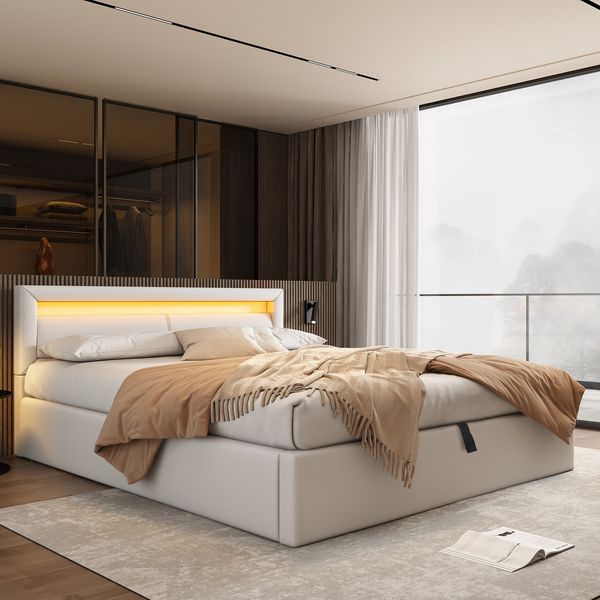 Polsterbett 140×200 cm aus Kunstleder mit LED-Beleuchtung & Stauraum, weiß