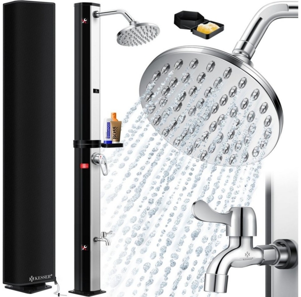 KESSER® Solardusche 35 Liter Solar Gartendusche + Metall-Duschablage | warmes Wasser | max. 60°C | ohne Stromanschluss | Pooldusche Camping| Regenduschkopf und Wasserhahn | Gartenschlauch-Anschluss | Schwarz / Silber