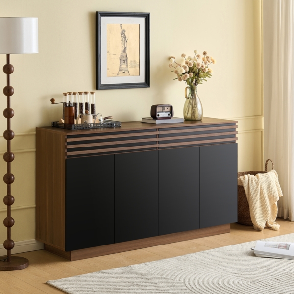 Merax Sideboard 150 x 40 x 85 cm in brauner Holzoptik mit schwarzen Türen, 2 Schubladen & 4 Türen – Viel Stauraum, stilvolles Design für Wohnzimmer, Esszimmer & Küche, Schwarz+Braun