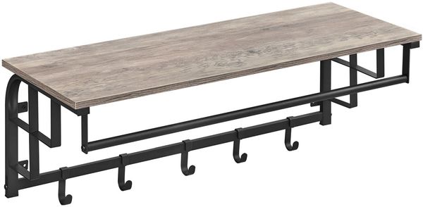 Vasagle Wandgarderobe mit Ablage, Wandregal, mit 5 abnehmbaren Haken, wandmontiertes Hängeregal mit Hängestange, für Flur, Schlafzimmer und Wohnzimmer, greige-schwarz von Songmics LCR102B02