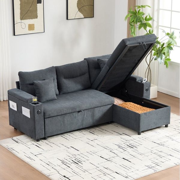 OKWISH Sofa Ecksofa Schlafsofa, Cordsofa mit Stauraum, Getränkehaltern und USB-C, hydraulische Chaiselongue und Schubladenbett