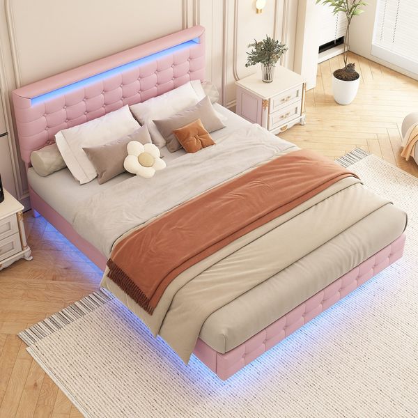 Polsterbett in schwebender Optik (140x200 cm), Doppelbett mit LED-Beleuchtung und Lattenrost, Kunstleder