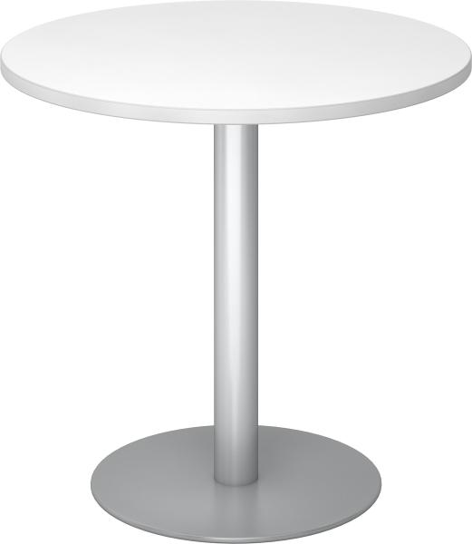 bümö Besprechungstisch, Esstisch klein, Tisch rund 80 cm - kleiner Esstisch weiß, Rundtisch Esstisch 2 Personen mit Holz-Platte, Säule aus Metall in silber, Konferenztisch, Bistrotisch, STF08-W-S