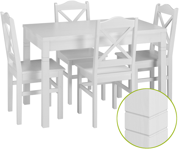 Schöne Essgruppe mit Tisch und 4 Stühle Kiefer Massivholz waschweiß 90.70-51 B W-Set 20