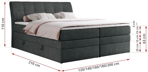 Boxspringbett, Stauraumbett, Bett mit Multipocket-Matratze und Topper - GOLD-10-KING - 120x200cm - Dunkelgrau Stoff - H4 Bild 5