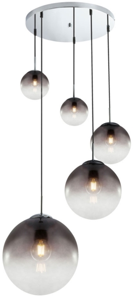 LED Hängelampe, 5 Flammig, Glaskugeln rauch, Höhe 150 cm