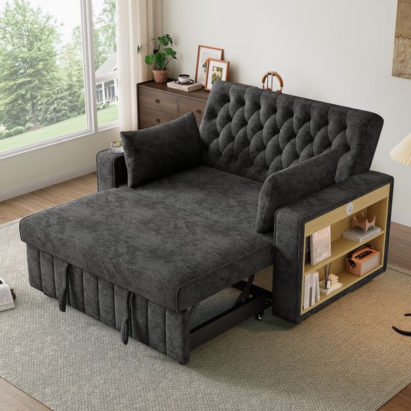 Schlafsofa 2-Sitzer mit Bettfunktion, Rückenkissen, Regal, Getränkehalter, Seitentasche, Type-C und USB, 140x160 cm, Chenille