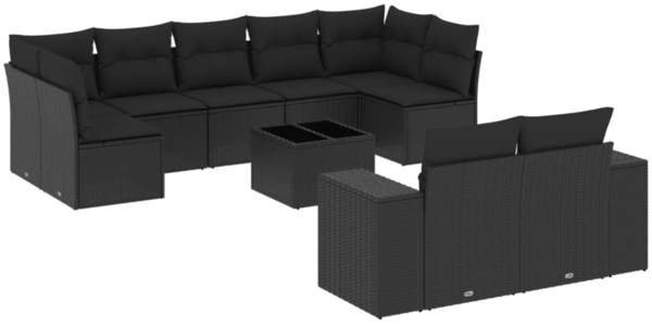 vidaXL 10-tlg. Garten-Sofagarnitur mit Kissen Schwarz Poly Rattan 3223024