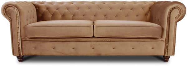 Sofa Chesterfield Asti 3-Sitzer, Couchgarnitur 3-er, Sofagarnitur, Couch mit Holzfüße, Polstersofa - Glamour Design, Velours (Beige (Velvet 28))