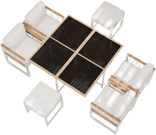 7-teiliges Gartenessset für 6 Personen, quadratischer Tisch mit gehärtetem Glasplatte, 4 Sessel + 2 Fußhocker, Polyestergeflecht & WPC Armlehnen, wetterfest Natur-Weiß für Terrasse Garten