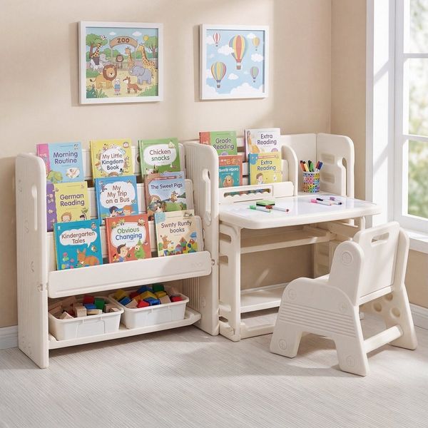 COSTWAY Kindersitzgruppe, (2-tlg), 4 in 1 Kindertisch mit Stuhl, Bücherregalen