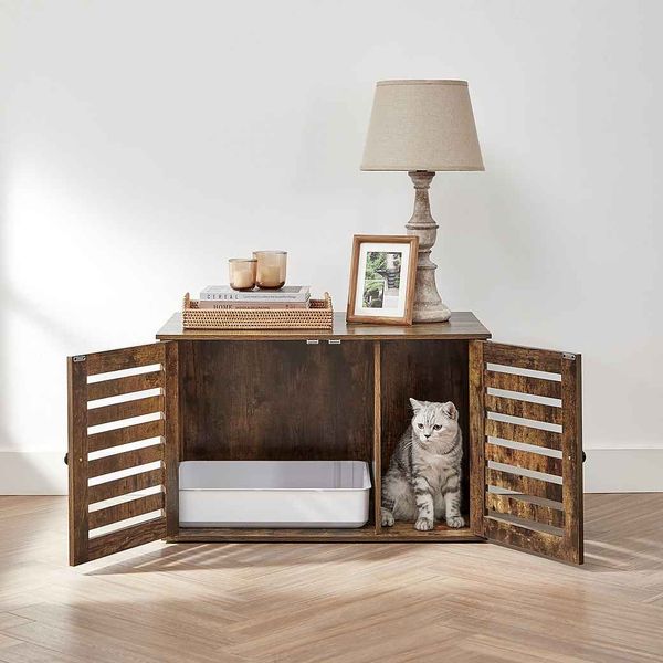 FEANDREA Katzenklo-Schrank, Katzenhaus mit herausnehmbarer Trennwand, 2 Lamellentüren, Katzentoilette, Beistelltisch, vintagebraun