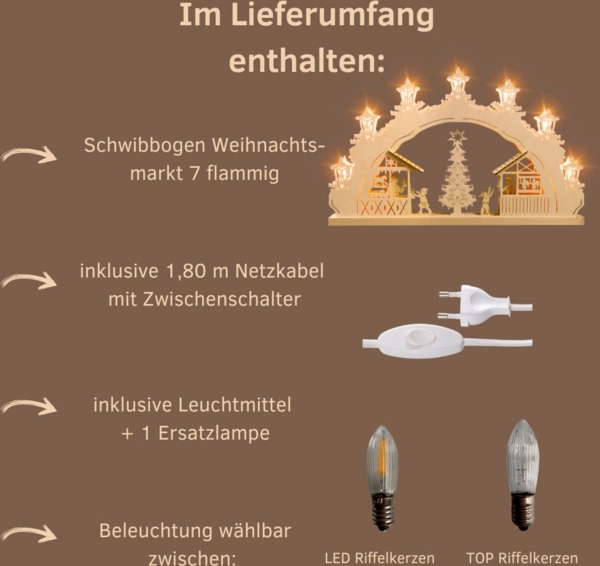 Weigla Schwibbogen Weihnachtsmarkt, Lichterbogen aus Holz, NATUR, Made in Germany (1-tlg), Erzgebirge garantiert, Weihnachtsdeko Innen, Weihnachtsbeleuchtung Bild 2