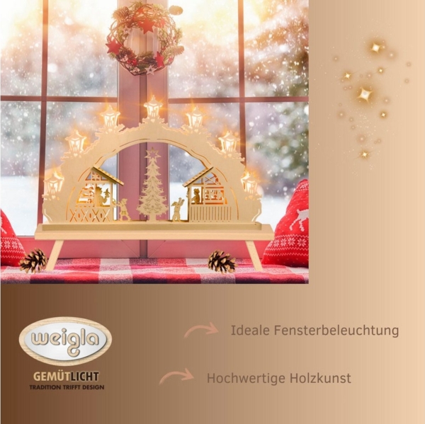 Weigla Schwibbogen Weihnachtsmarkt, Lichterbogen aus Holz, NATUR, Made in Germany (1-tlg), Erzgebirge garantiert, Weihnachtsdeko Innen, Weihnachtsbeleuchtung Bild 3