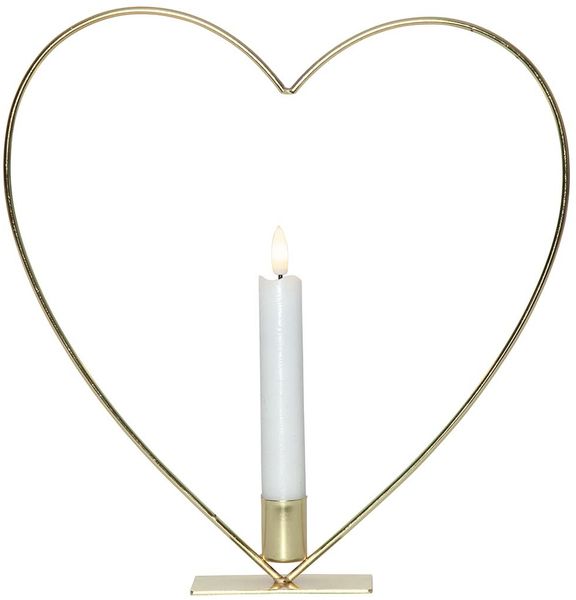 Star Trading LED Herz Dekoration Flamme – Herzständer mit LED Echtwachskerze, Messingfarben, Timerfunktion, warmweiß, 28 cm, Tischdeko Indoor