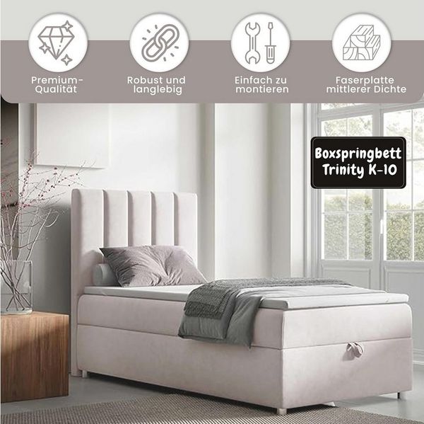 Best for Home Boxspringbett Trinity K10 SINGLE mit Bettkasten & Bonellfederkern, Topper 7 cm T30 (Einzelbett, Polsterbett gepolstertes Kopfteil, Jugendbett, Kinderbett versch. Größen, 70x200 80x200 90x200 100x200 cm), mit oder ohne Topper, Flexible Lie...