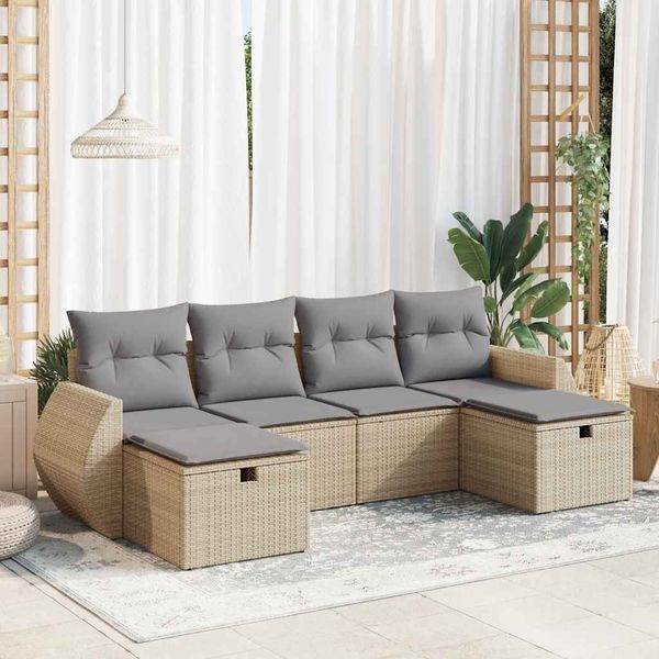 vidaXL 6-tlg. Garten-Sofagarnitur mit Kissen Beige Poly Rattan 3325625