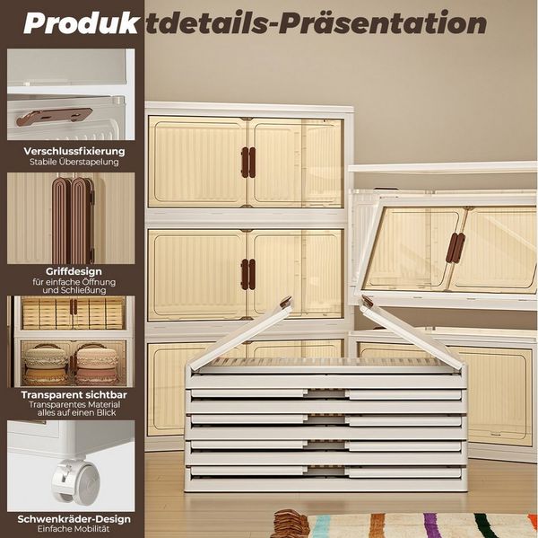 GLIESE Aufbewahrungsbox 152 x 60 x 33 cm Aufbewahrungsschrank mit Rollen & transparenten Türen (1 St, 5-stufiger Aufbewahrungsbox), Mobiler 5-stufiger Schrank platzsparend stapeln, leicht organisieren