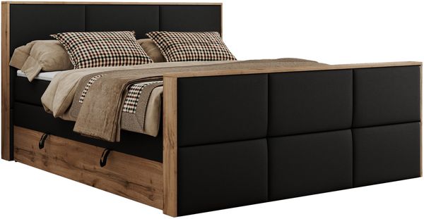 Doppelbett, Boxspringbett mit zwei Multipocket-Matratzen und ein Topper, Bettkästen, Eiche Wotan Holzrahmen, genähtes Kopfteil und Front - ALBERO 2 KING DUO - 140 x 200 cm - Schwarz Kunstleder - H3 Bild 4