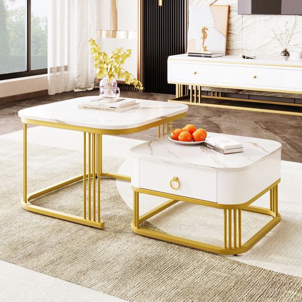 Couchtisch-Set mit Schublade, Marmoroptik & Metallgestell, 60x60x45 + 50x50x34 cm, Weiß/Gold