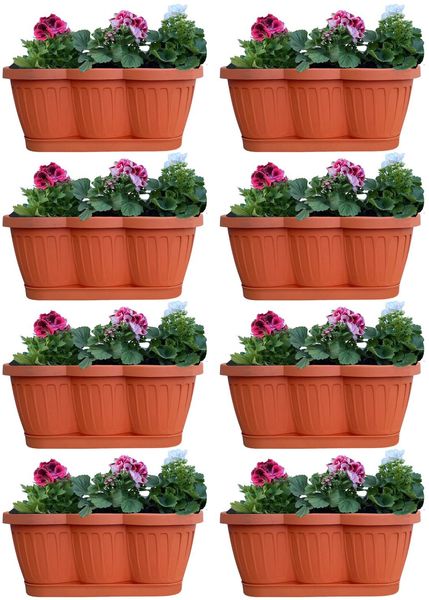 8er Set 40cm Blumenkasten Balkonkasten Pflanzkasten Terracotta im Wellendesign inkl. passenden Bewässerungsuntersetzer