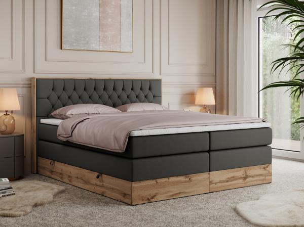 Boxspringbett AMORE KING, Doppelbett mit Multipocket-Matratze, Polsterbett mit Kopfstütze - 180 x 200 cm - Dunkelgrau Kunstleder - H4