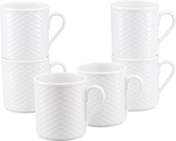 CreaTable Becher Polo Weiss, Kaffeebecher 6-tlg, 6-tlg, Porzellan, Strahlendes Weiß, Klassischer Manufakturstil, Ausdrucksstarkes Relief