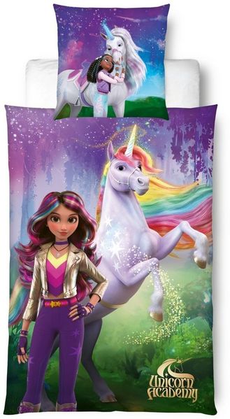 MTOnlinehandel Kinderbettwäsche Unicorn Academy Einhorn 135x200 + 80x80 cm, magisches Design, 100% Microfaser, 2 teilig, Farbenfrohes Motiv für kleine Einhorn-Fans – weich und pflegeleicht