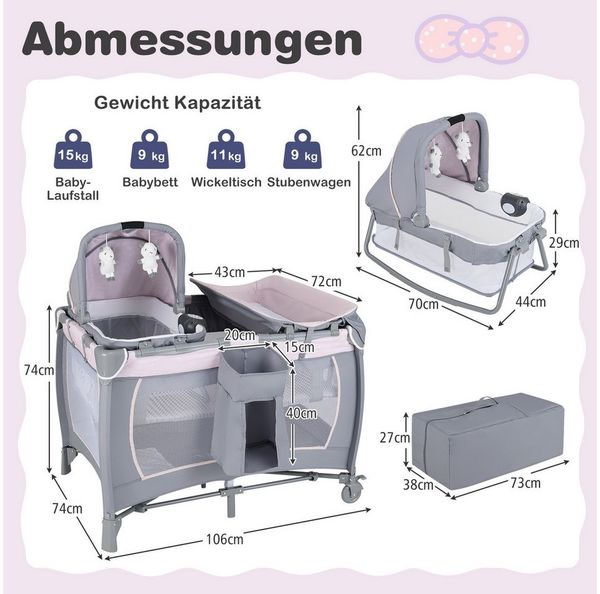 COSTWAY Baby-Reisebett, 1-tlg, Laufstall, Babybett mit Babywiege, Wickeltisch, Matratze